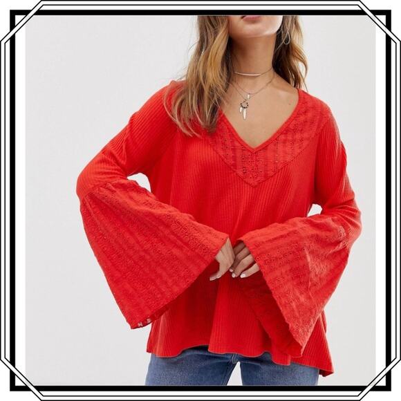 Free People Tops - Free People Parisian Nights Flared Sleeve Blouse Red Orange Size Small